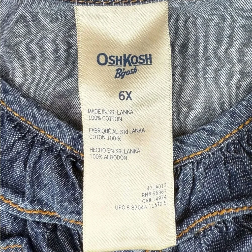 OSHKOSH B’GOSH Y2K Girls’ Chambray Denim A-Line Button Up Ruffle Collar Dress 6X